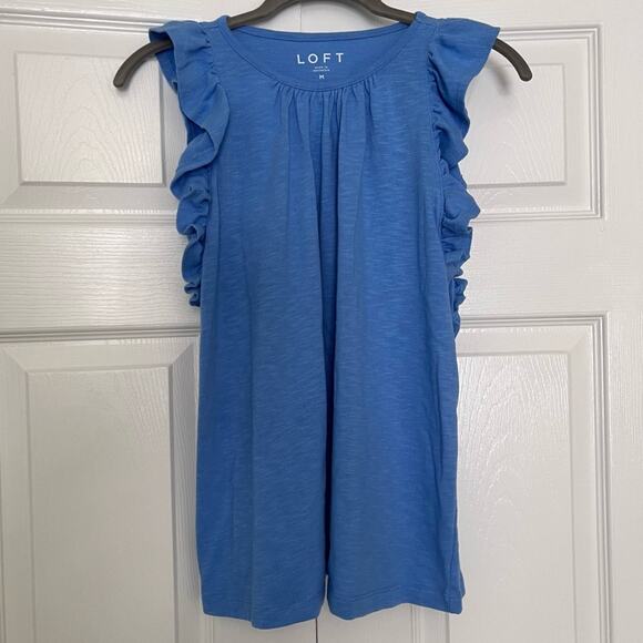 Loft Light Blue Ruffle Trim Sleeveless Shirt Size M - Picture 2 of 7
